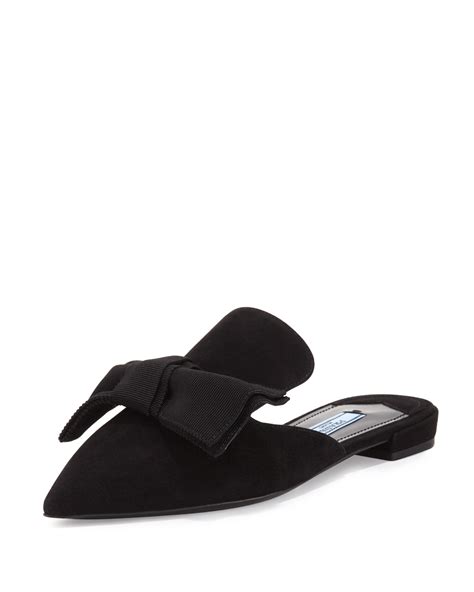 Prada Suede Bow Mule Flat, Nero 